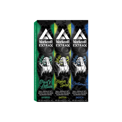Die Blackcraft Extrax Preheat Disposables sind mit 2 Gramm unserer wirksamen Mischung aus THCa + Delta-9p + Delta-8 THC und Live Resin gefüllt.